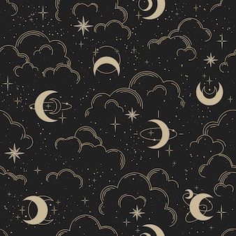 구름, 달, 별 벡터 원활한 패턴입니다. 골드 장식 장식입니다. 점성술, 밀교, 타로, 신비 및 마술을 위한 그래픽 음력 패턴. 고급스러운 우아한 디자인.