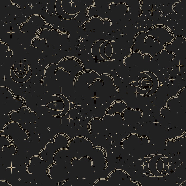 Vector seamless pattern with clouds, moons and stars. gold decorative ornament. graphic lunar pattern for astrology, esoteric, tarot, mystic and magic. luxury elegant design.