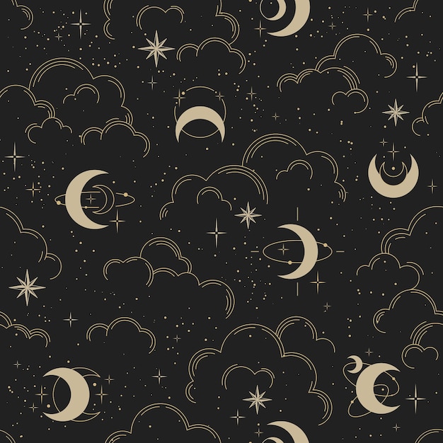 Vector seamless pattern with clouds, moons and stars. gold decorative ornament. graphic lunar pattern for astrology, esoteric, tarot, mystic and magic. luxury elegant design.