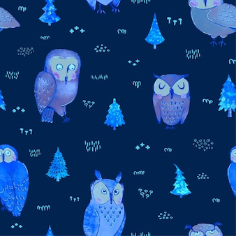 Vector seamless pattern with hand draw illustrations of cute owls in night forest