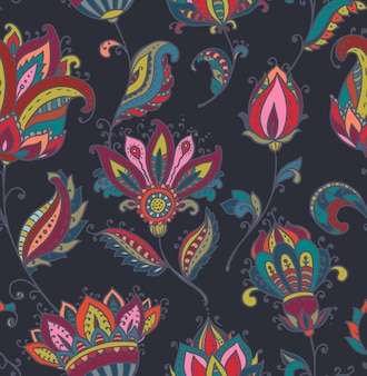 Векторный бесшовный узор с нарисованными вручную цветочными элементами пейсли. красивый красочный бесконечный фон в восточном индийском стиле в ярких цветах