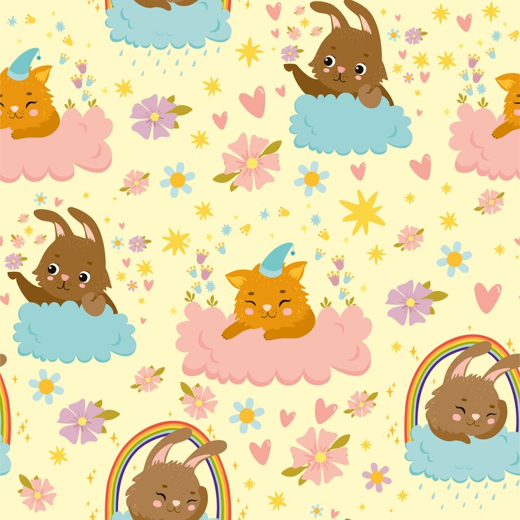Free Vector vector seamless pattern with hares and cats on the clouds, magic sky, sunset, rainbow, rain