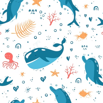 Vector seamless pattern with marine items sea set whale dolphins octopus and coral