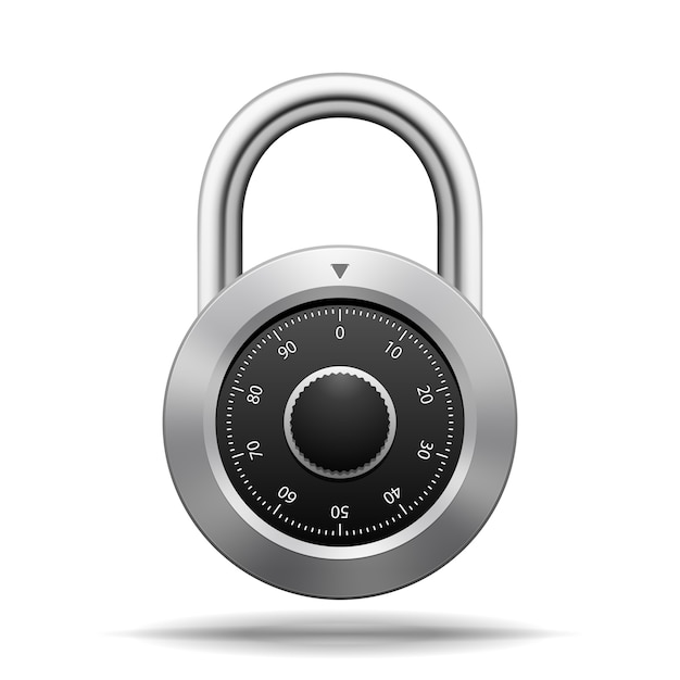 Бесплатное векторное изображение Вектор безопасности padlock. хромированная сталь с циферблатом, изолированным на белом