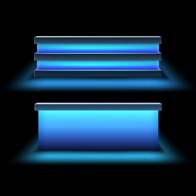 Векторный набор барных стоек с ярко-синей подсветкой, вид спереди, изолированные на белом фоне
