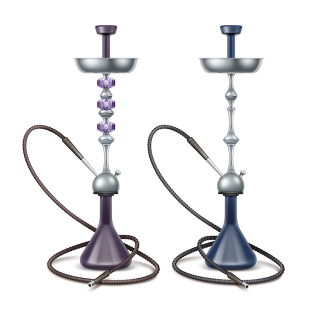 Векторный набор больших синих, фиолетовых наргиле для курения табака из металла с длинными шлангами для кальяна, изолированными на белом фоне