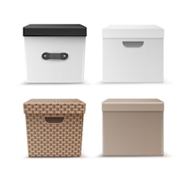 自由向量向量组黑色,米色的纸箱,柳条的衣服存储盒处理前视图孤立在白色背景