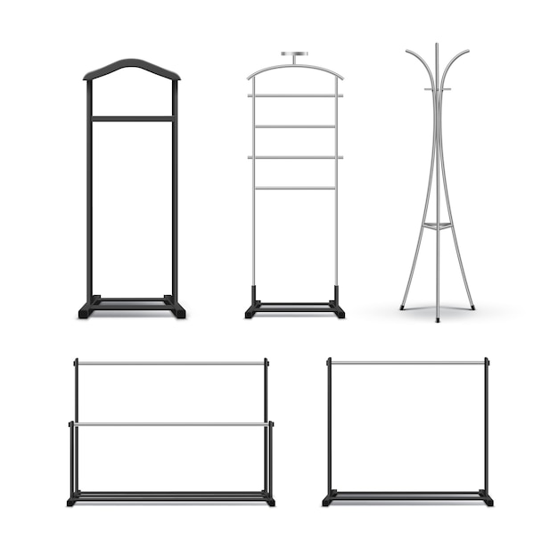 Free vector vector set of black metal, wood clothes racks and stands front view isolated on white background