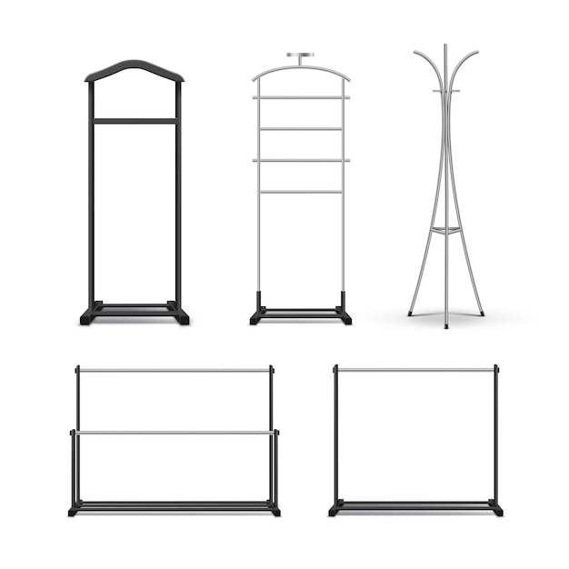 Векторный набор черный металл, деревянные вешалки для одежды и вид спереди стенды, изолированные на белом фоне