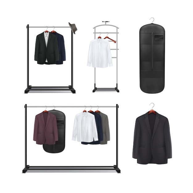 Vector set of black metal, wood clothes racks and stands with shirts and jackets front view isolated on white background