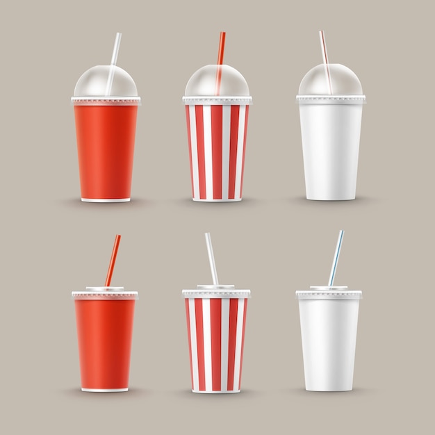 Free vector vector set of blank big small red white striped paper cardboard cups for soda cola soft drinks with tube straw isolated on background. fast food