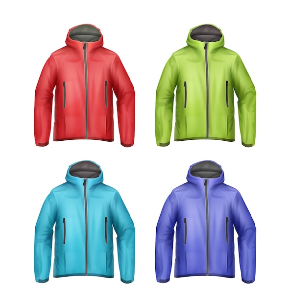 Vettore gratuito insieme di vettore delle giacche sportive unisex softshell blu, verde, rosso, turchese con vista frontale del cappuccio isolato su priorità bassa bianca