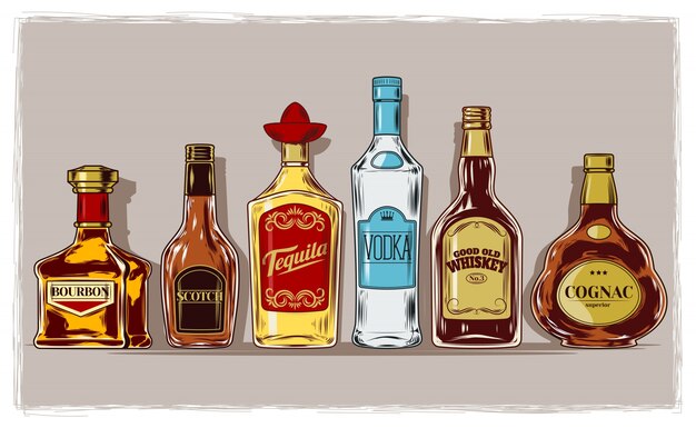Vector set of bottles with alcohol and stemware