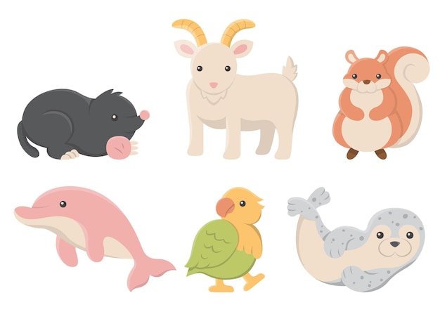 Векторный набор мультфильмов о различных животных, изолированных на белом фоне