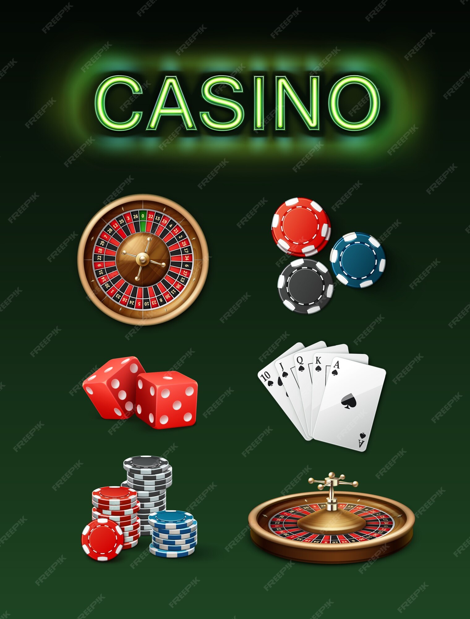 Free Vector | Vector set of casino gambling poker roulette wheel, blue, chips, red dice, royal straight flush and neon signboard top side isolated on green