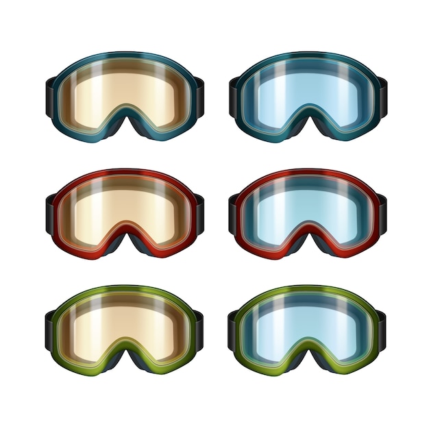 Free vector vector set of colored blue, orange ski snowboard goggles front view isolated on white background