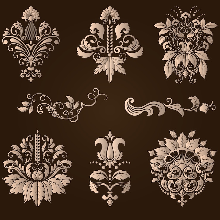 Free Vector vector set of damask ornamental elements. elegant floral abstract elements for design. perfect for invitations, cards etc.