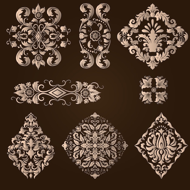 Vector set of damask ornamental elements. Elegant floral abstract elements for design. Perfect for invitations, cards etc.