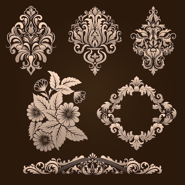 Vector set di elementi ornamentali damascati. elementi astratti floreali eleganti per il design. perfetto per inviti, carte ecc.