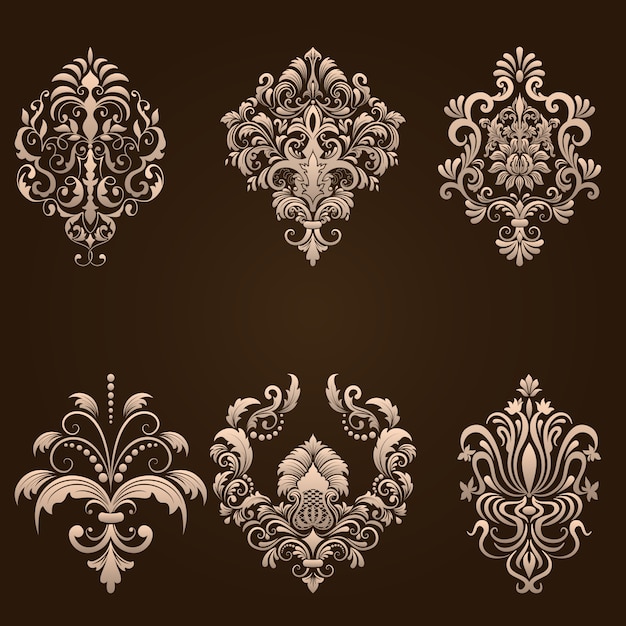 Vector set di elementi ornamentali damascati. elementi astratti floreali eleganti per il design. perfetto per inviti, carte ecc.