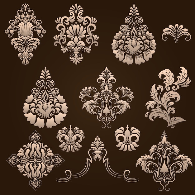 Vettore gratuito vector set di elementi ornamentali damascati. elementi astratti floreali eleganti per il design. perfetto per inviti, carte ecc.