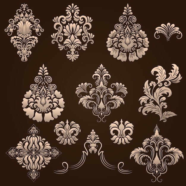ダマスカスの装飾的な要素のベクトルセット。デザインのエレガントな花の抽象的な要素。招待状、カードなどに最適です