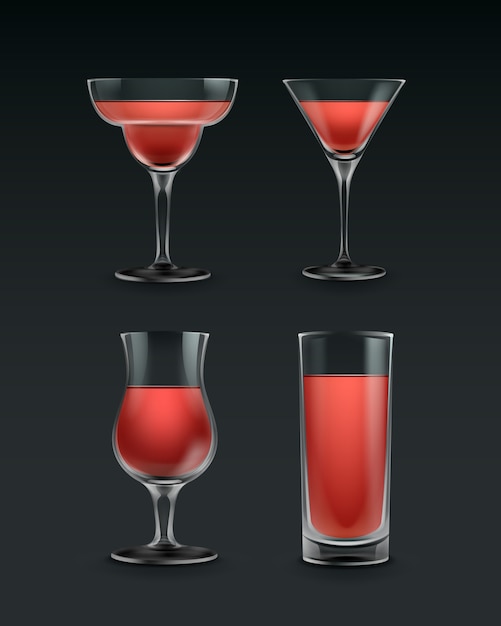 Vector set of different cocktail glass with red liquid isolated on black background