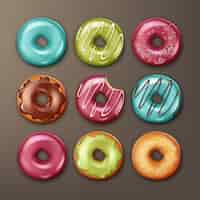 Free vector vector set of different donuts with pink, blue, green, brown icing, white stripes and sprinkles top view isolated on background