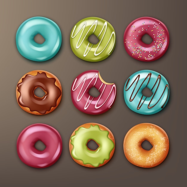 Векторный набор различных пончиков с розовой, синей, зеленой, коричневой глазурью, белыми полосами и брызгает вид сверху, изолированные на фоне