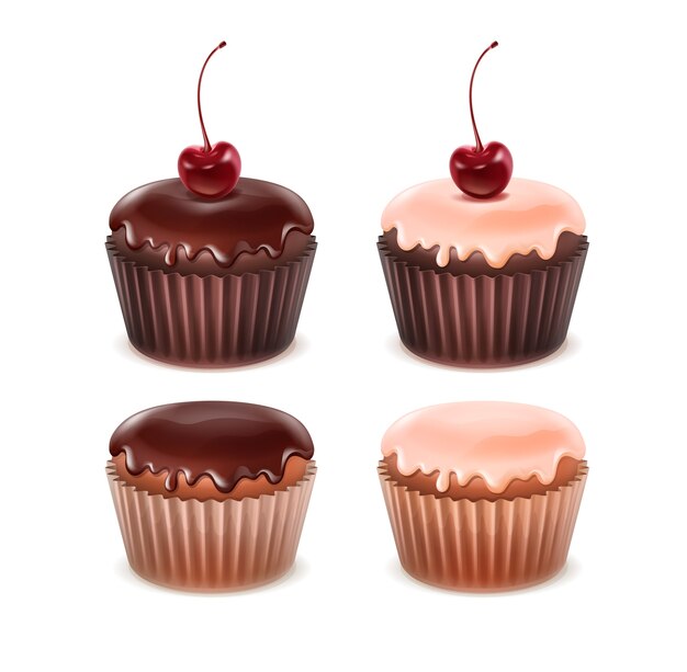 Vector set of different muffins with pink,brown icing and cherries close up isolated on white background