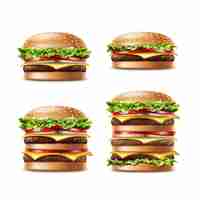 Free vector vector set of different realistic hamburger classic burger american cheeseburger with lettuce tomato onion cheese beef and sauce close up isolated on white background. fast food