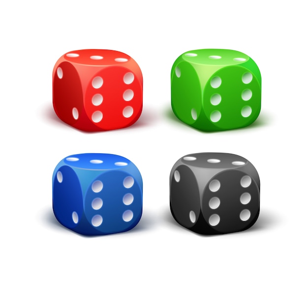 Vector set of different red, black, blue, green dice isolated on white background