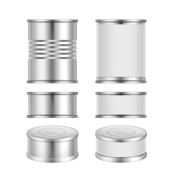 Vector set of different steel tin cans with blank packaging isolated on white background