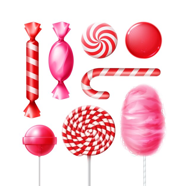 분홍색, 빨간색 줄무늬 호일 포장지, 소용돌이 막대 사탕, 크리스마스 지팡이 및 솜사탕 흰색 배경에 고립에서 다른 과자의 벡터 세트