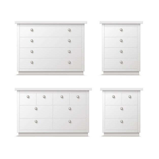 다른 흰색 서랍, nightstands 또는 배경에 고립 된 핸들 전면보기와 침대 옆 테이블의 벡터 세트