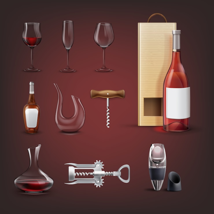 Free Vector vector set of equipment for wine with wing corkscrew, aerator, decanters, bottle with packing, glasses for wine and champagne. isolated on background
