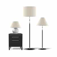 Free vector vector set of floor and table lamps with black nightstand isolated on white background