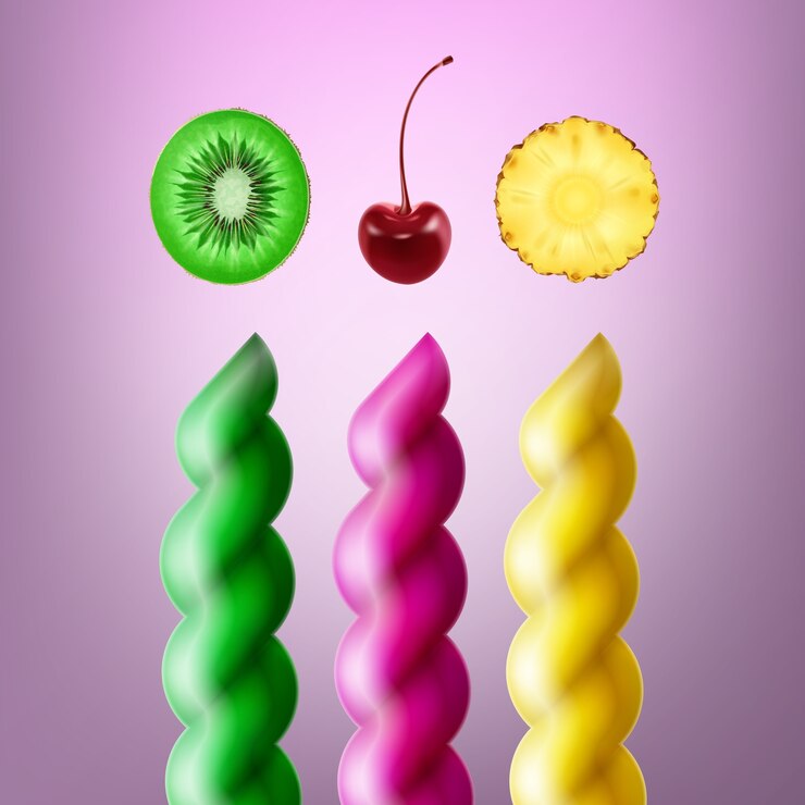 Free Vector vector set of green, pink, yellow spiral lollipops on stick with different flavours kiwi, cherry and pineapple
