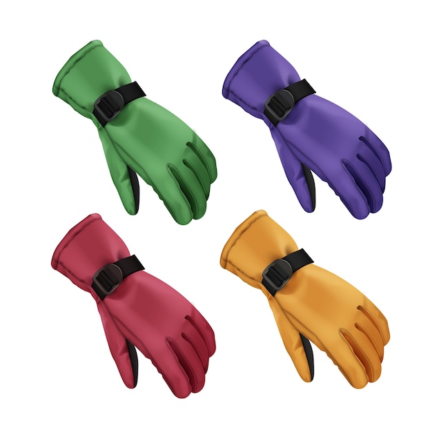 Vettore gratuito insieme di vettore dei guanti invernali sportivi verdi, rossi, blu, gialli isolati su priorità bassa bianca