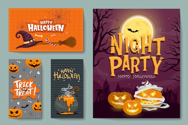 Vector set of halloween party invitations or greeting cards with handwritten calligraphy and traditional symbols.