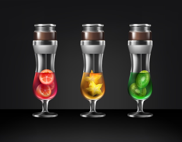 Free vector vector set of hurricane glass cocktail hookahs with different fruits kiwi, carambola, kumquat front view isolated on dark background