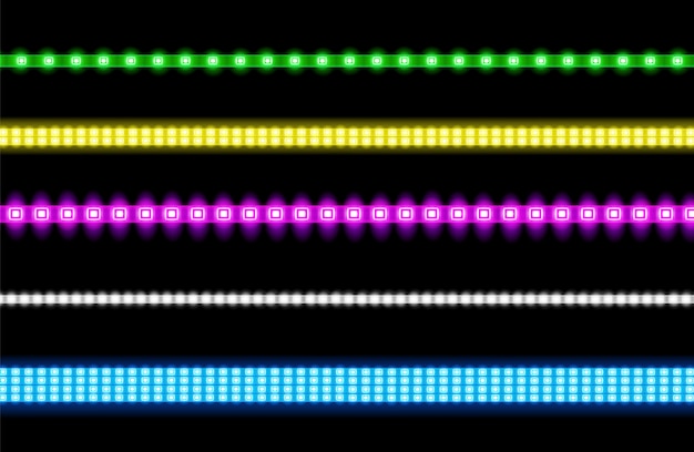 Vector set of led strips with neon glow effect