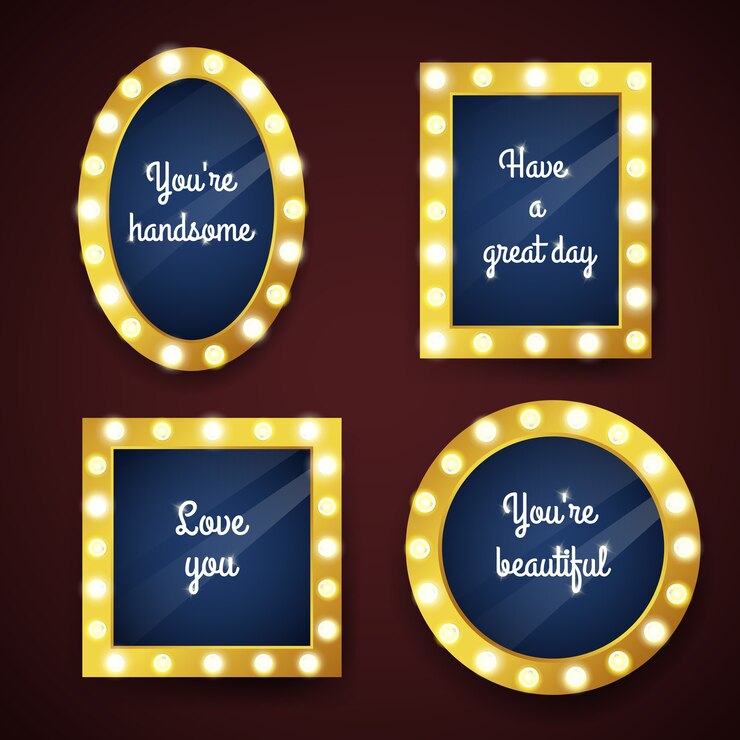 Free Vector vector set of mirrors with electric bulbs. electric lamp illustration, frame on wall