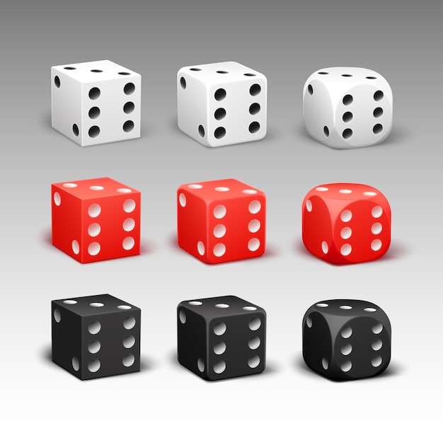 Бесплатное векторное изображение Векторный набор различных прямоугольных, округлых красных, черных, белых игральных костей, изолированных на фоне