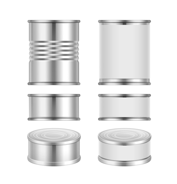 Бесплатное векторное изображение Векторный набор различных стальных жестяных банок с пустой упаковкой, изолированные на белом фоне