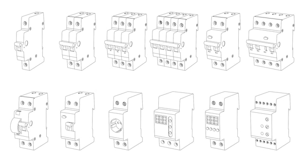 Векторный набор элементов распределительного щита line art для блока управления предохранителями - предохранительный выключатель, реле, защитный автомат защитного отключения. перспективный вид