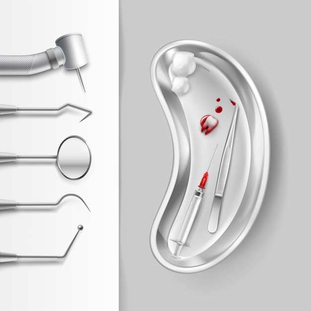 Векторный набор нержавеющих стоматологических инструментов зеркало, дрель, щипцы, крючок, шприц, плаггер с ватными шариками, кровь и вид сверху вырванного зуба на фоне