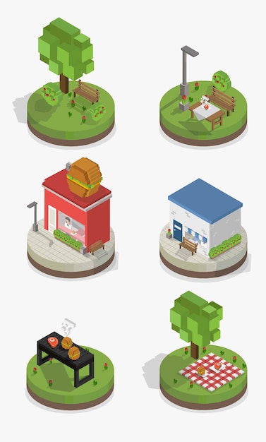 Vector set of pixelated park and city models