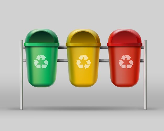 Vector set of red, yellow, green recycle bins for glass, plastic, paper wastes
