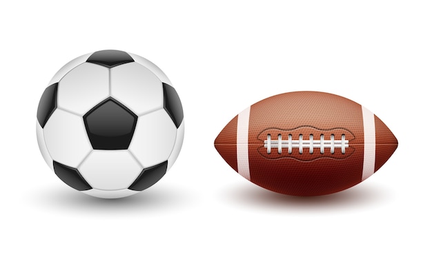 スポーツボール、サッカーとアメリカンフットボールのためのボールの現実的なスタイルのベクトルセット